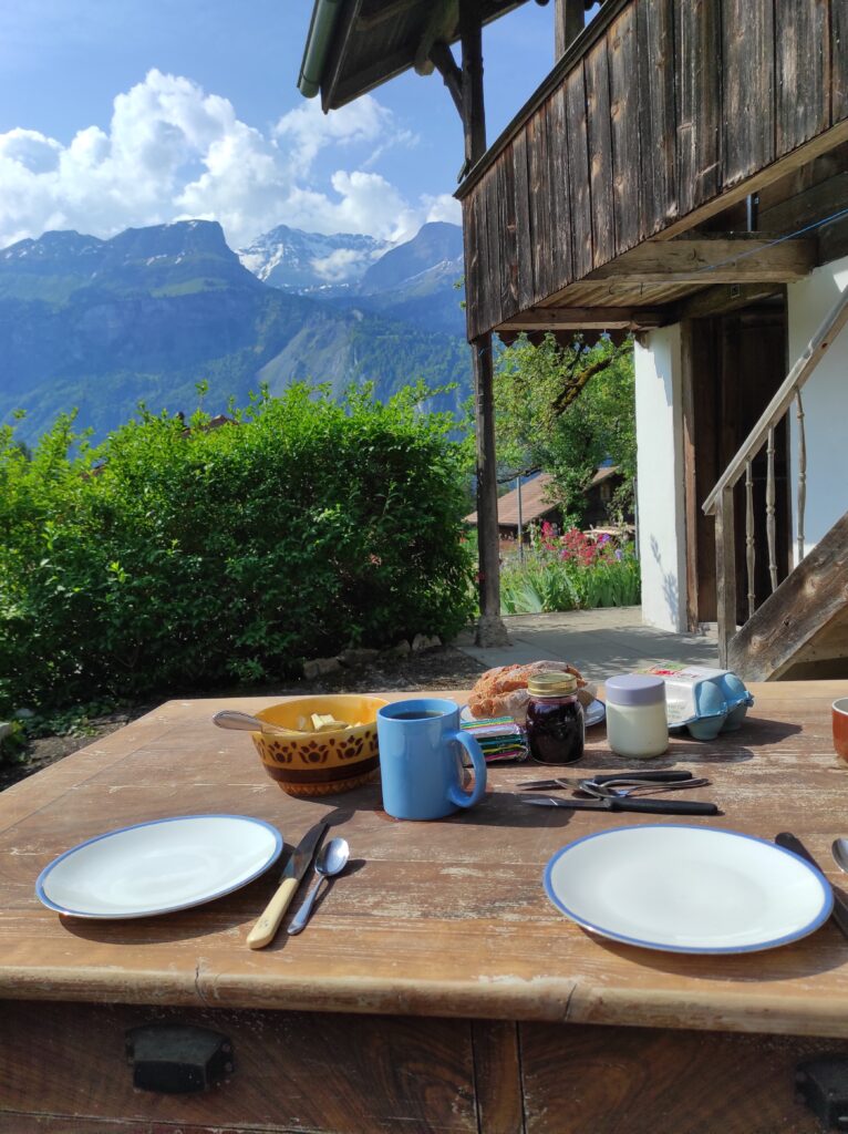 Terrasse mit Bergblick des Ferienhaus Schwanderbärgli
